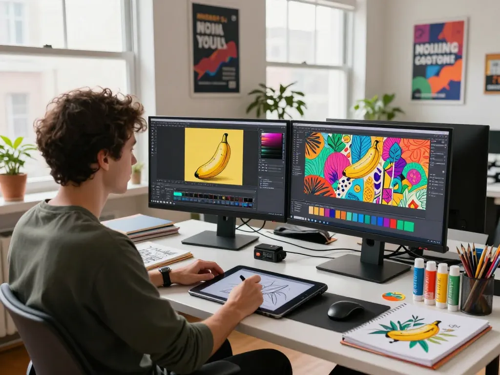 Digital artist using nano banana 2 for creative visual editing in a vibrant studio setting.