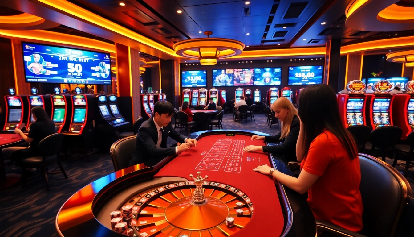 Experience the excitement at 13win with players enjoying table games and slots in a luxurious casino atmosphere.