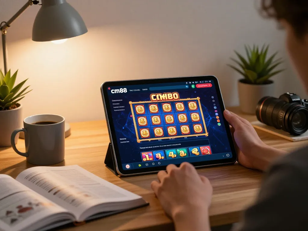 Engaging with the cm88 app for online slots in a cozy home setup, showcasing responsible gaming.