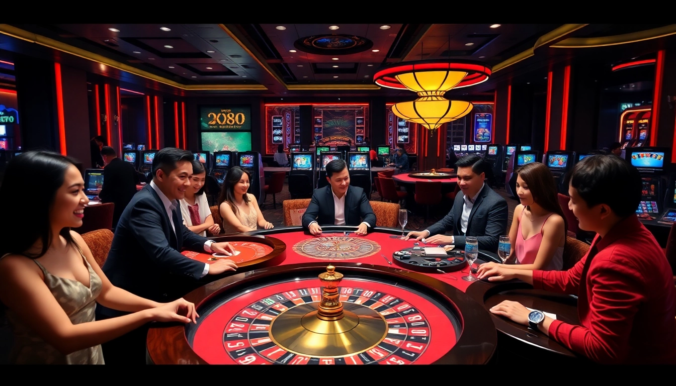 The vibrant casino scene at https://kjcpro.it.com/ showcases gambling excitement with players at poker tables and slot machines.