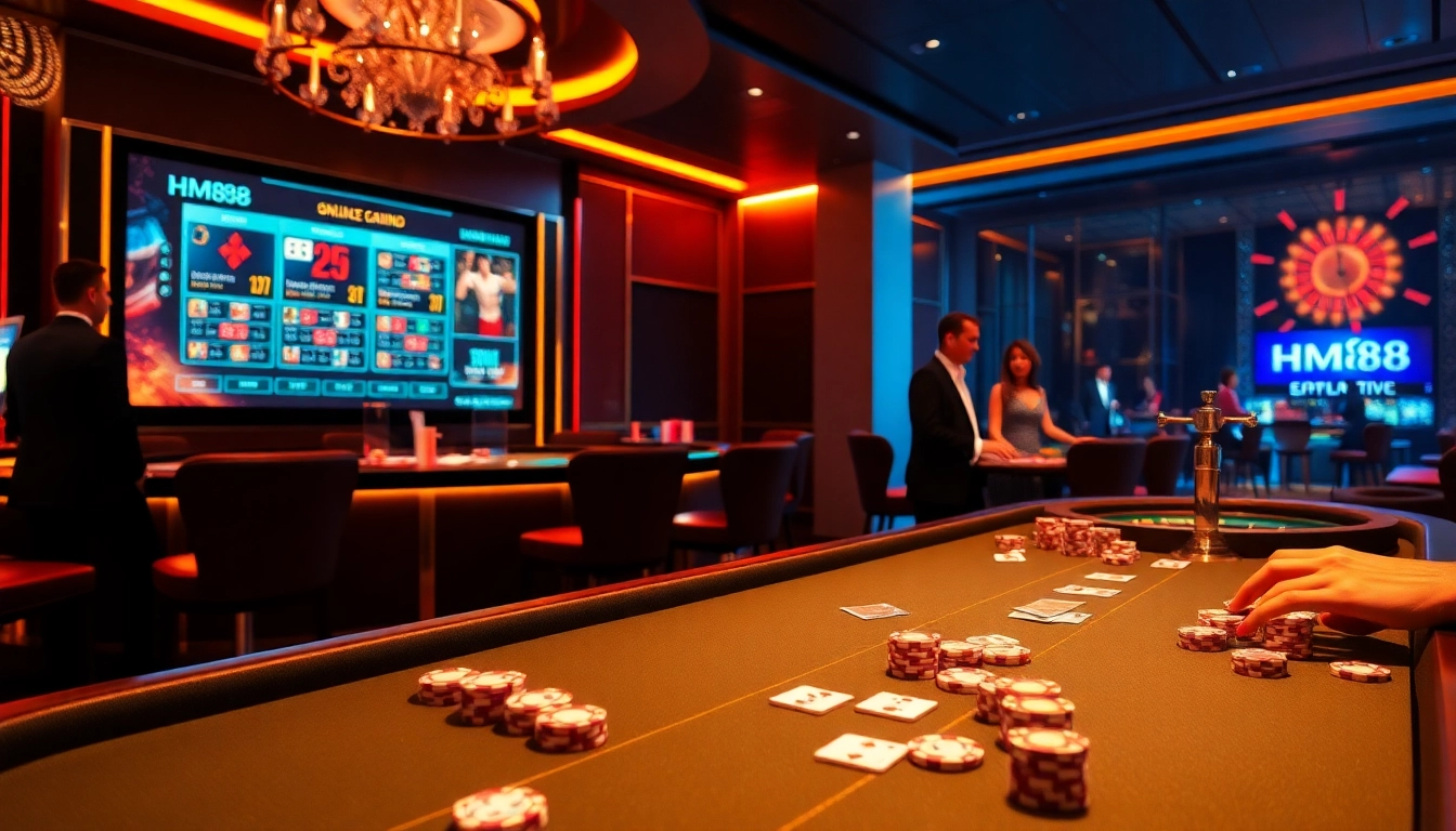 Engage with the exciting world of gambling at hm88 network, featuring a luxurious casino atmosphere with poker chips and games.