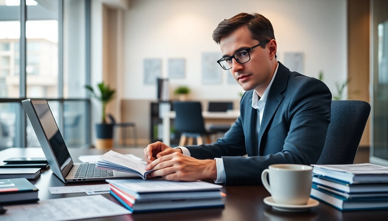 Professional certified translator engaged in translating documents in a modern office setting.