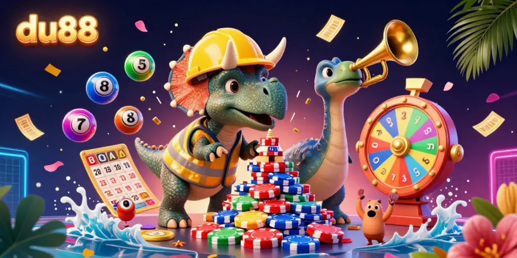 Experience du88 with a vibrant 3D scene of a dinosaur building poker chips, celebrating casino fun.