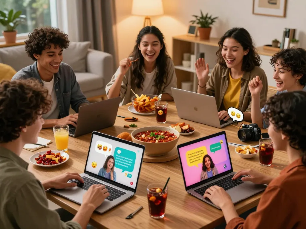 Engaging spicy chat scene among friends using devices, lively conversation.