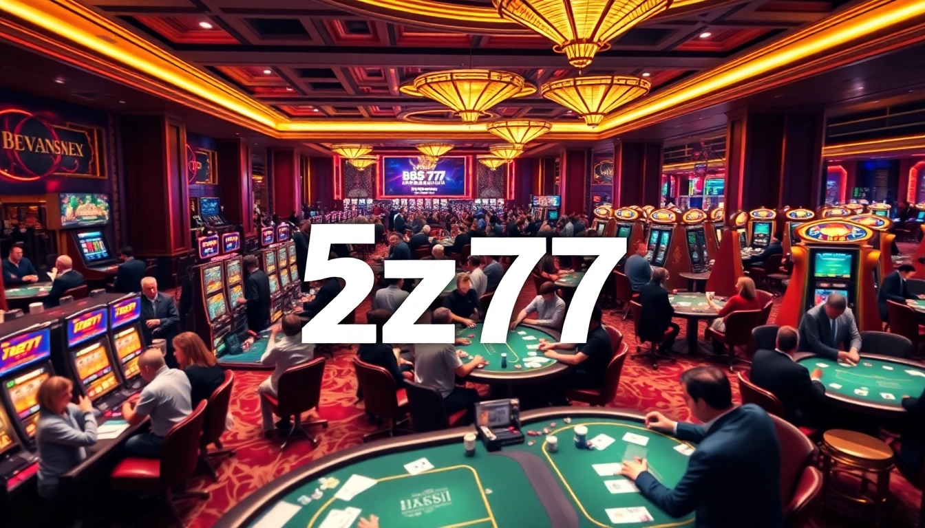 Players enjoying casino games like poker and slots at 5z777's vibrant gaming floor.