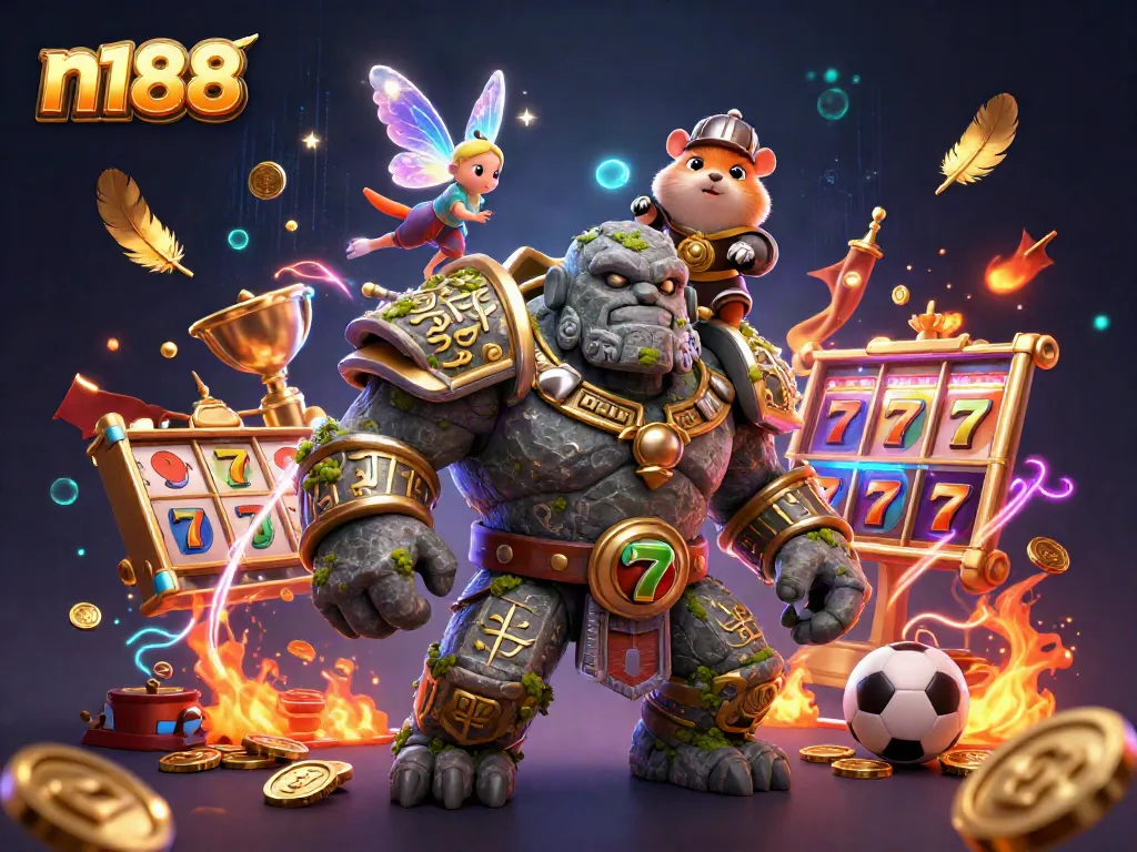 Experience n188's vibrant 3D casino adventure with characters and slot games amidst shimmering effects.