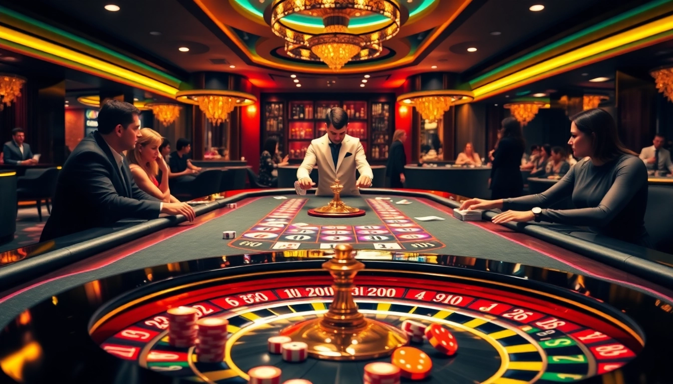 Experience the thrill of gambling at good88 with vibrant tables and excited players in a luxurious casino setting.