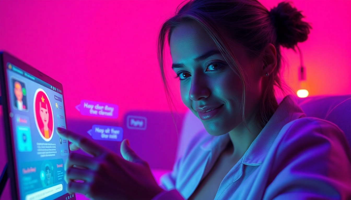 Engaging user in intimate NSFW AI chat with futuristic interface showing dynamic conversation flow.