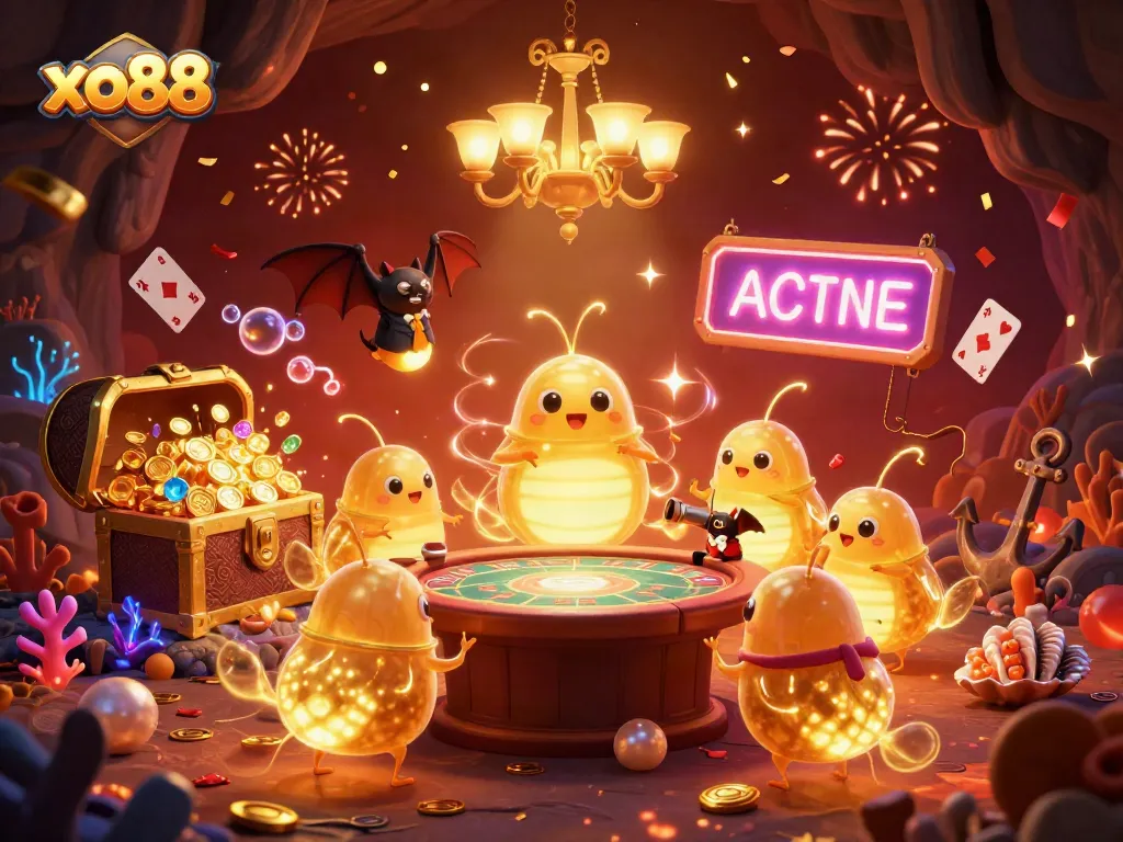 Experience the excitement of xo88 in a vibrant cave casino lit by glowworms and featuring treasure galore.