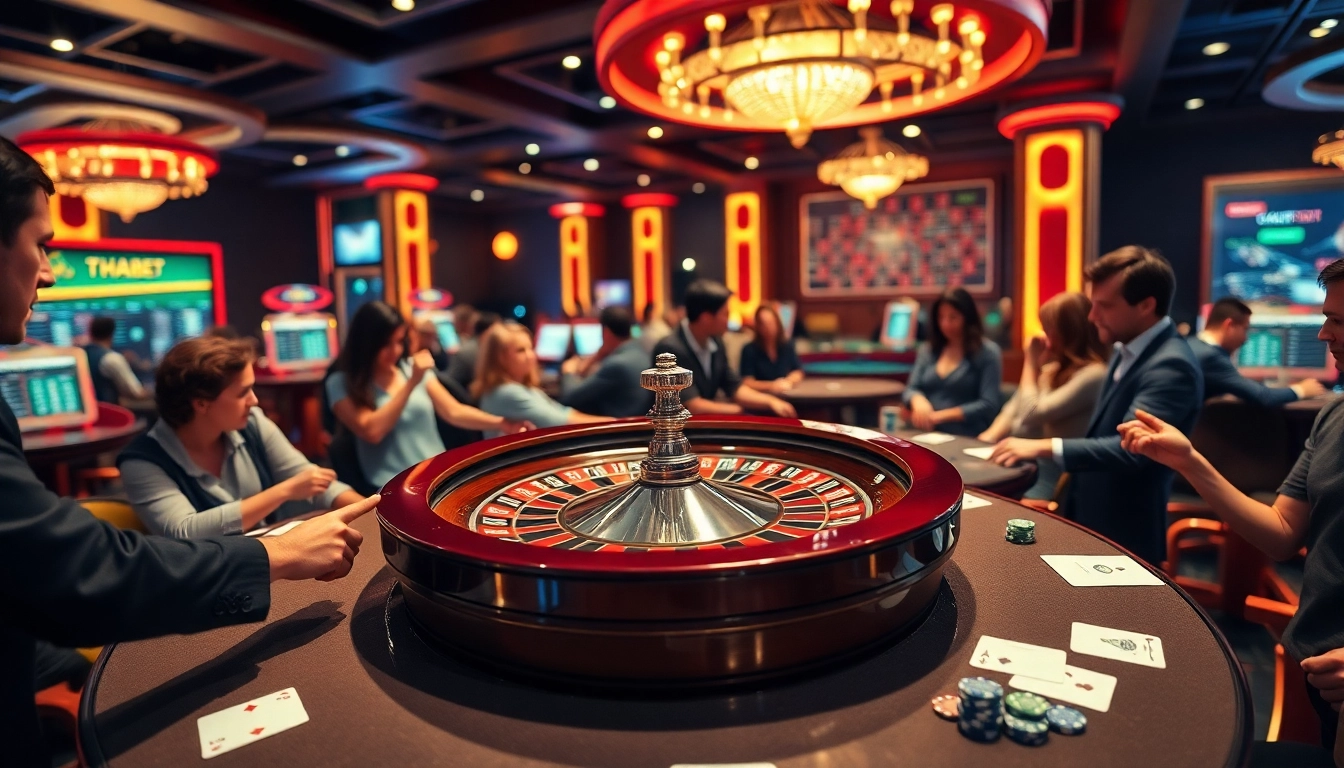 Thabet-themed roulette wheel with enthusiastic players betting in a vibrant casino setting.