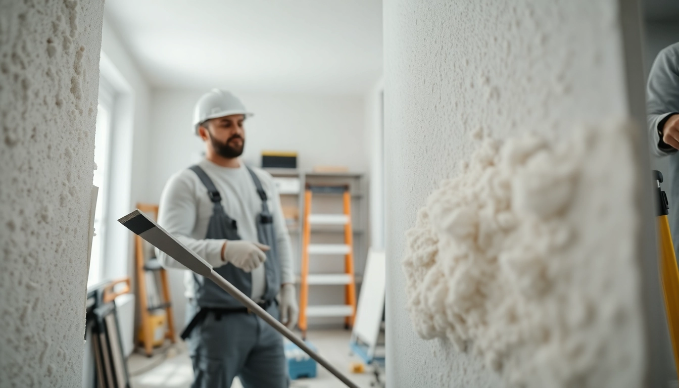 Workers performing spray foam removal East Sussex in a bright, organized workspace.