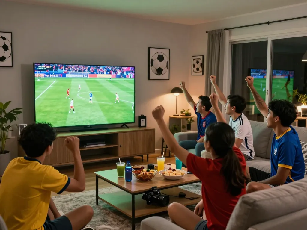 Cà Khịa TV fans celebrating soccer match in an enthusiastic living room setting