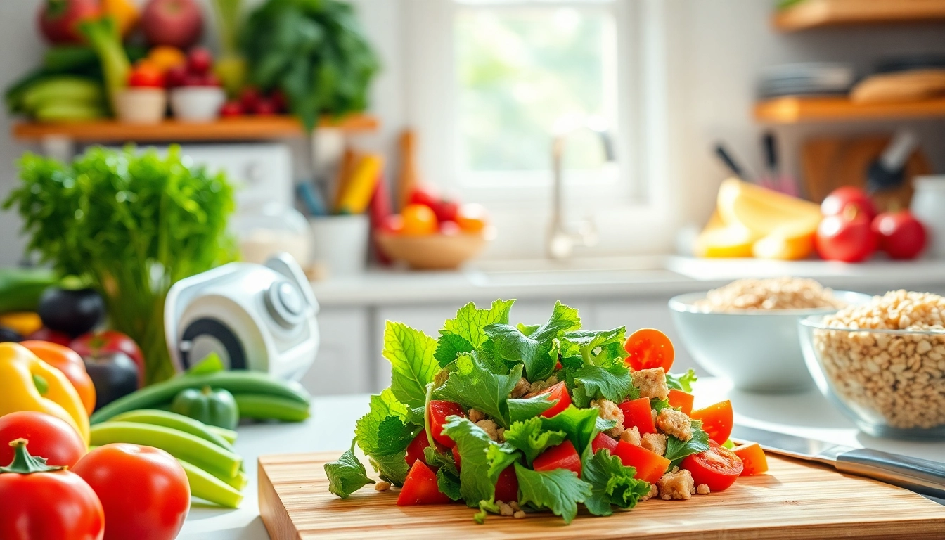 Showcase an assortment of Healthy Food ingredients, fresh vegetables, and vibrant fruit in a sunny kitchen setting.