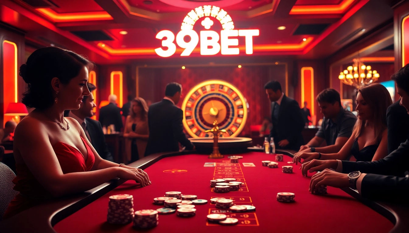 39BET gamblers enjoying a thrilling poker game at a luxurious casino table with chips and cards.