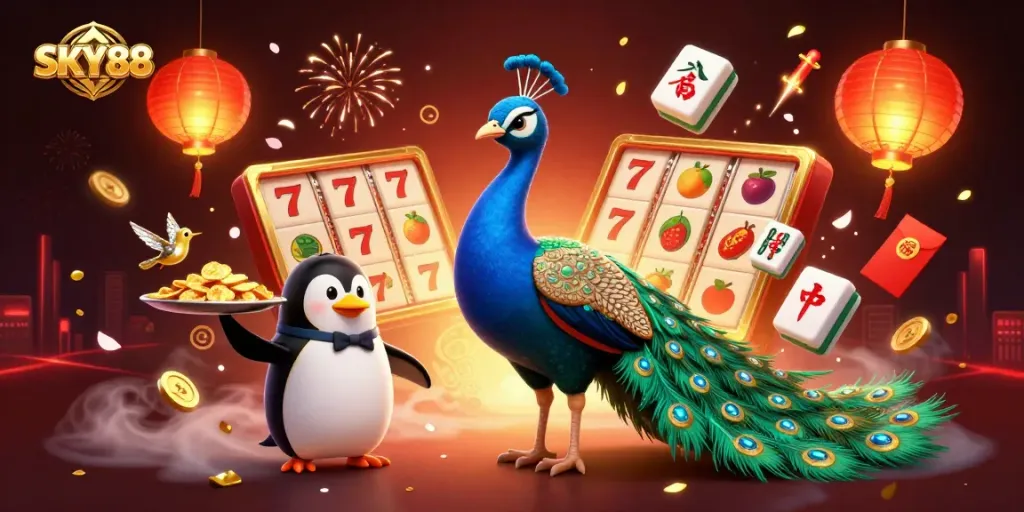 Win big with SKY88 in this vibrant online casino illustration showcasing an extravagant gambling scene.