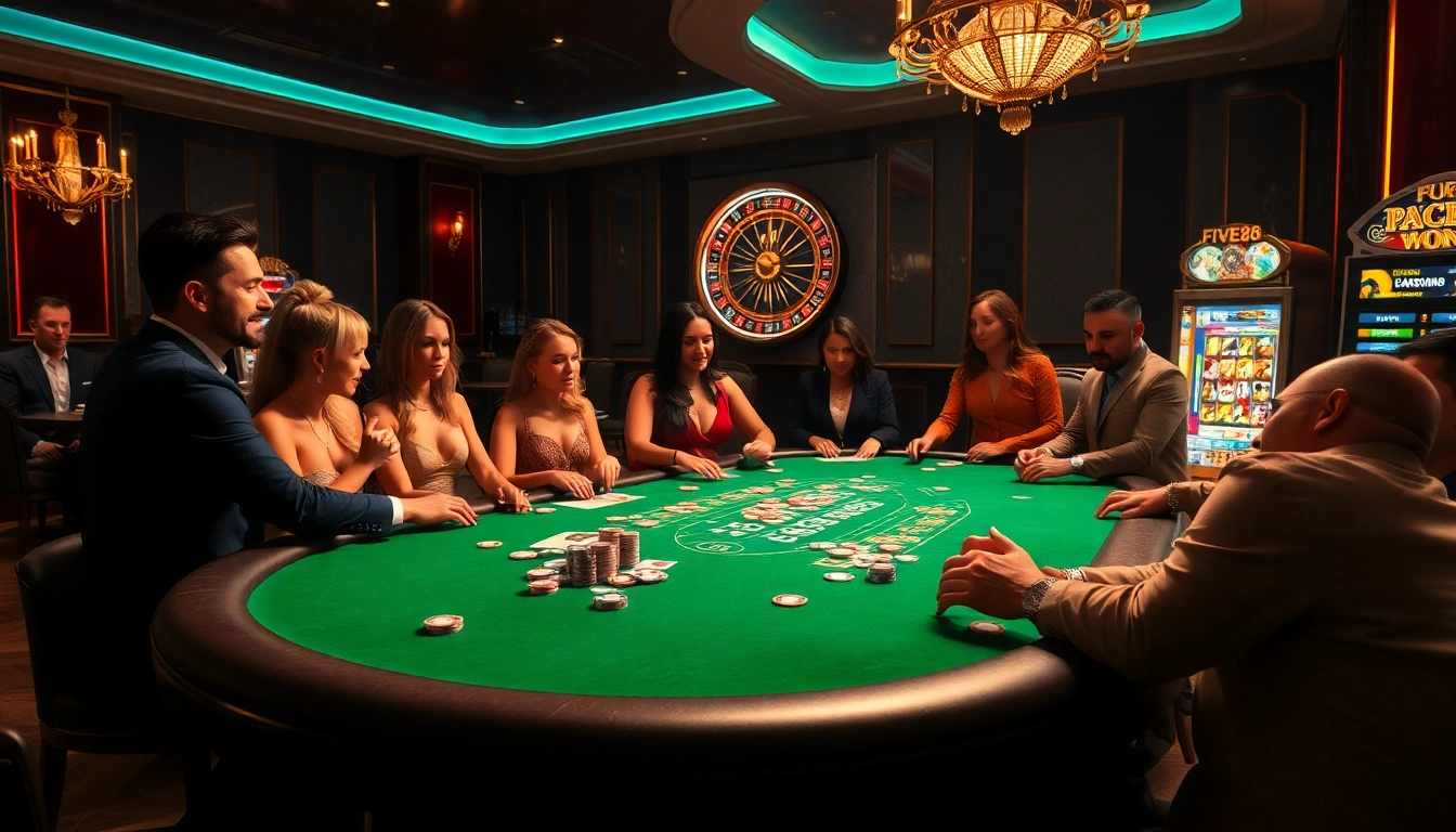 Bet big at FIVE88 casino with players gathered around an exciting poker table.