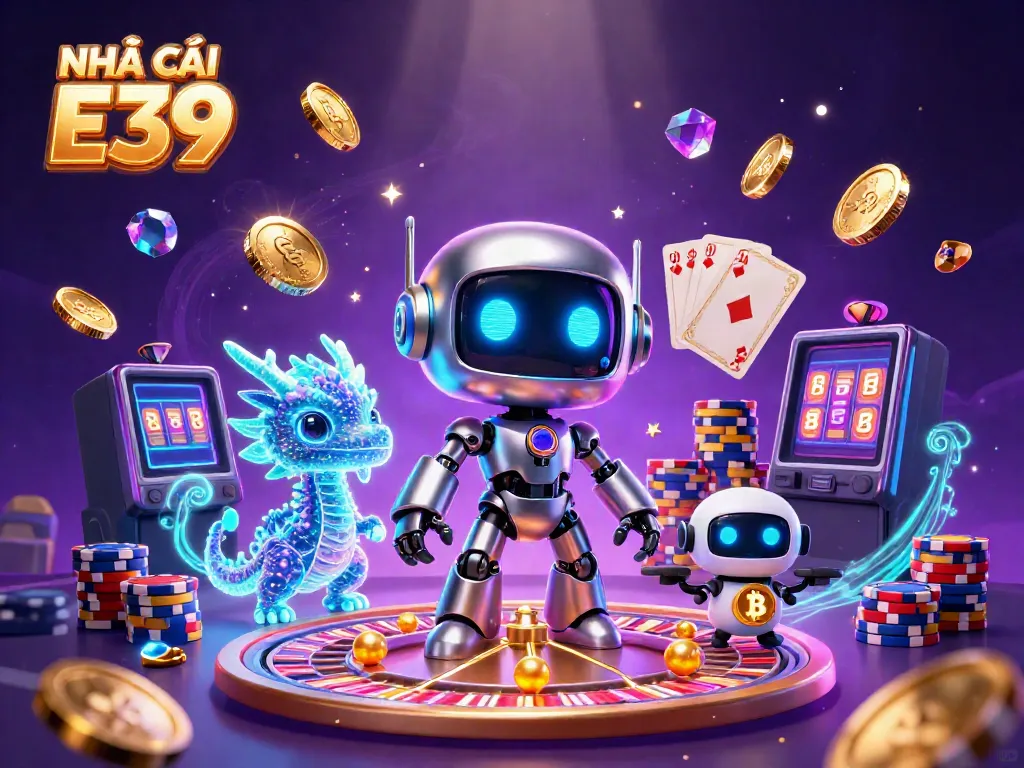 Experience the excitement of NHÀ CÁI E39 with colorful chips, golden coins, and dynamic 3D characters.