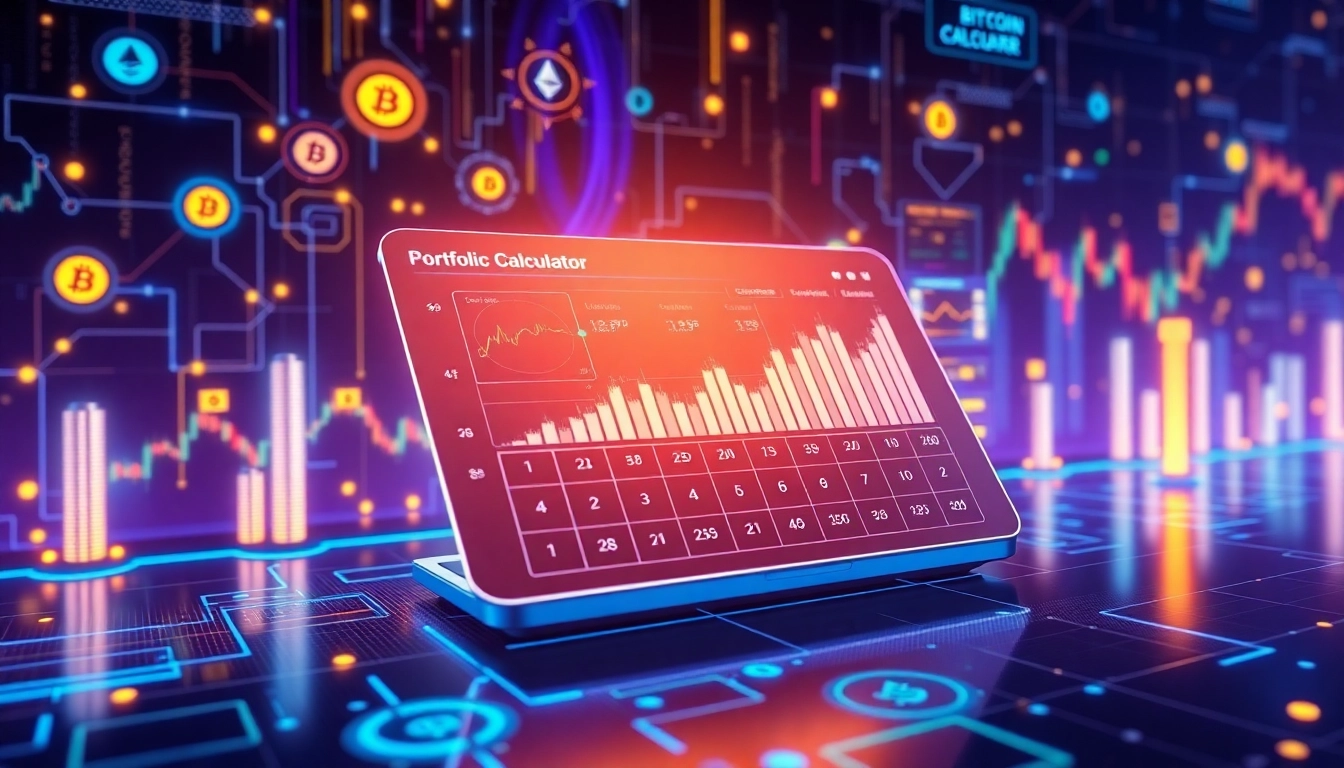 Calculator for cryptocurrency portfolio analytics with blockchain visuals and trading charts.