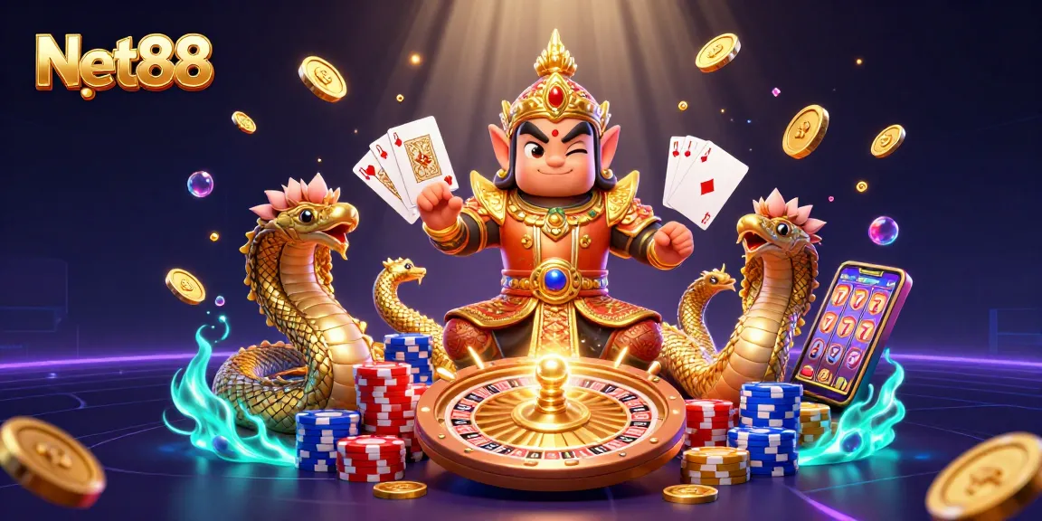 Experience thrilling gaming adventures with Net88's dynamic casino elements illustrated in vibrant detail.