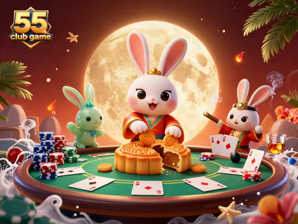 Experience thrilling betting action with 55 club game featuring a rabbit on the moon surrounded by poker elements.