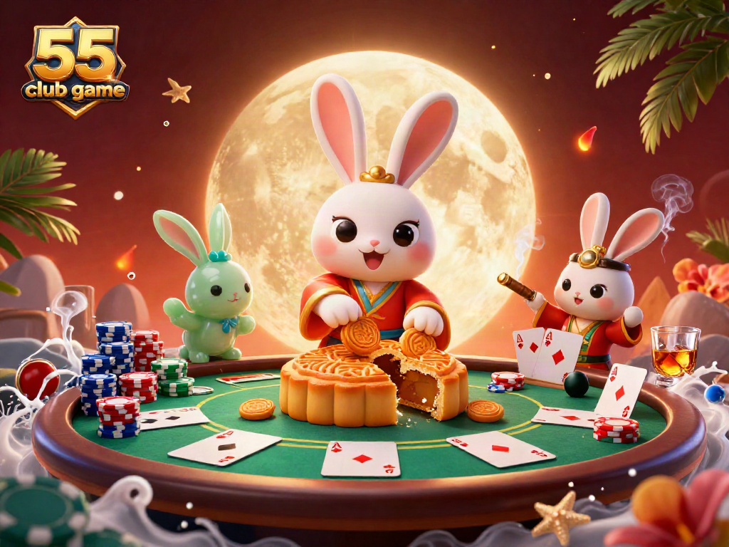 Experience thrilling betting action with 55 club game featuring a rabbit on the moon surrounded by poker elements.