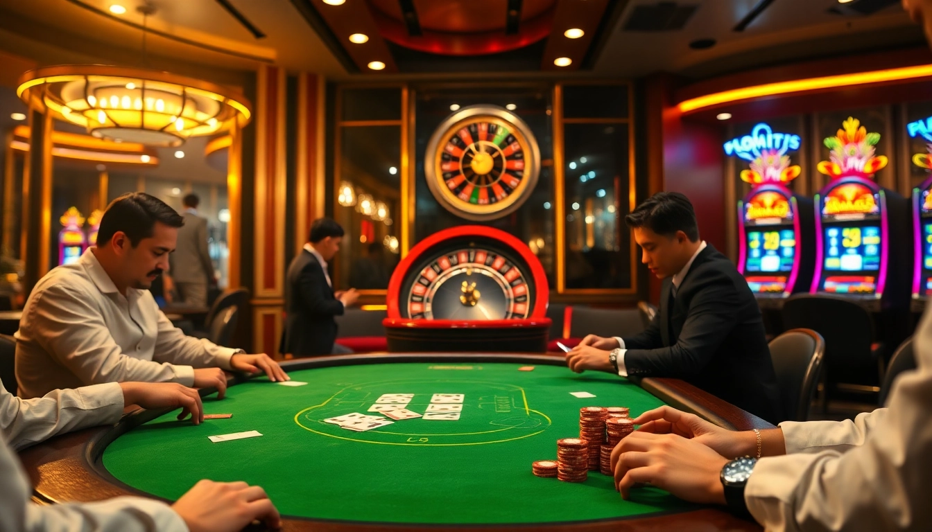 Enjoy the excitement of the J88 poker table in a luxurious casino setting with vibrant slot machines.