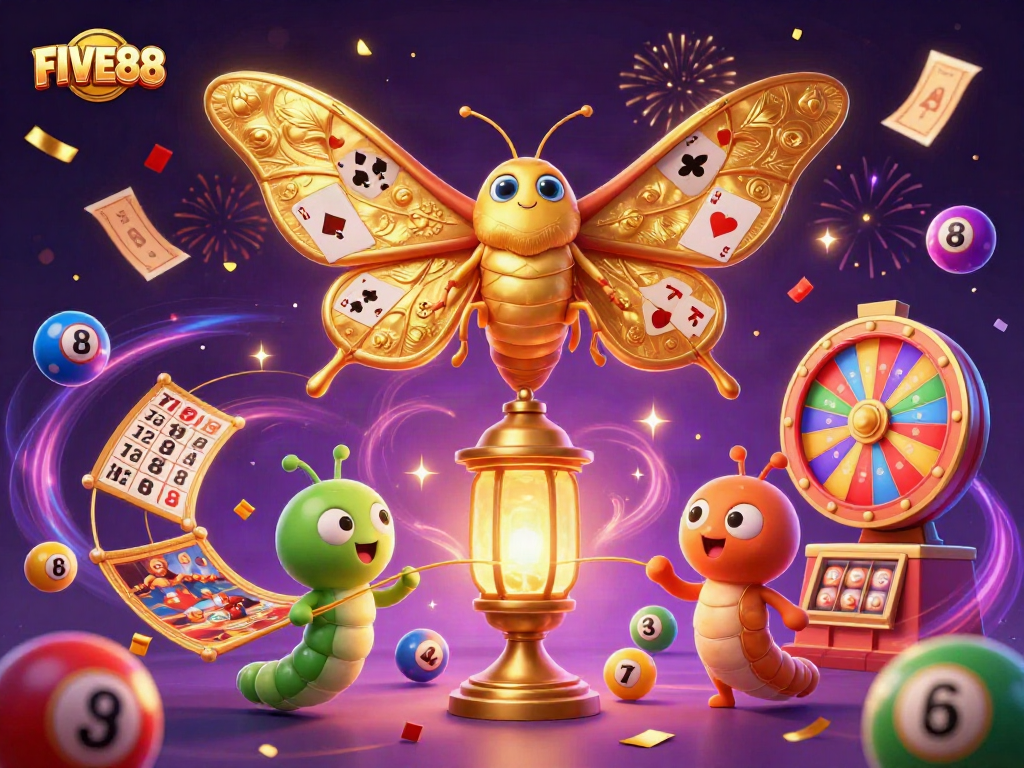 FIVE88 captivates players with a rich casino scene showcasing a colorful moth, dynamic lottery balls, and golden elements.
