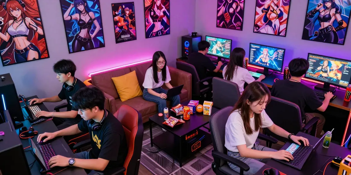 Players enjoying engaging hentai games in a vibrant gaming lounge atmosphere with devices.