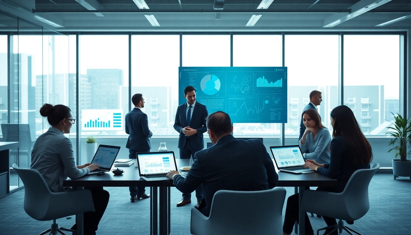 Logo ERP danışmanlığı: Business team analyzing data in a modern office setting.