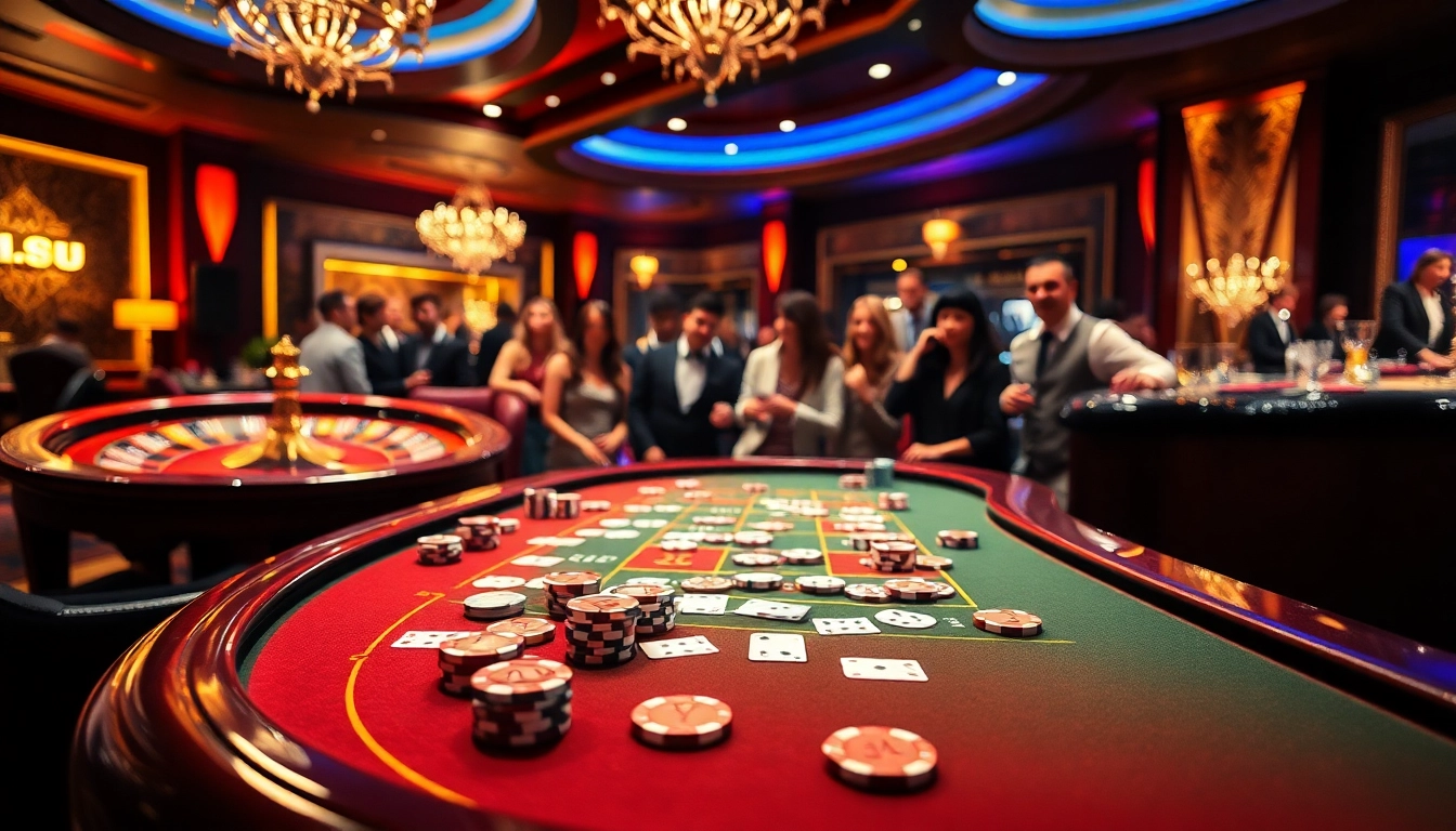 Excited gamblers revel in a thrilling 11UU-themed casino experience with vibrant games and luxurious decor.