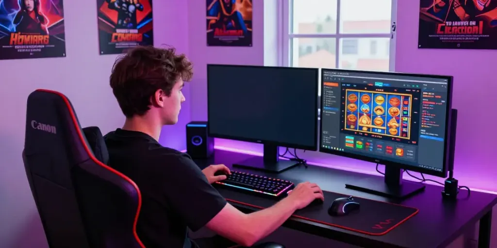 Engaging scene of a player enjoying non GamStop casinos UK through a high-end gaming setup.