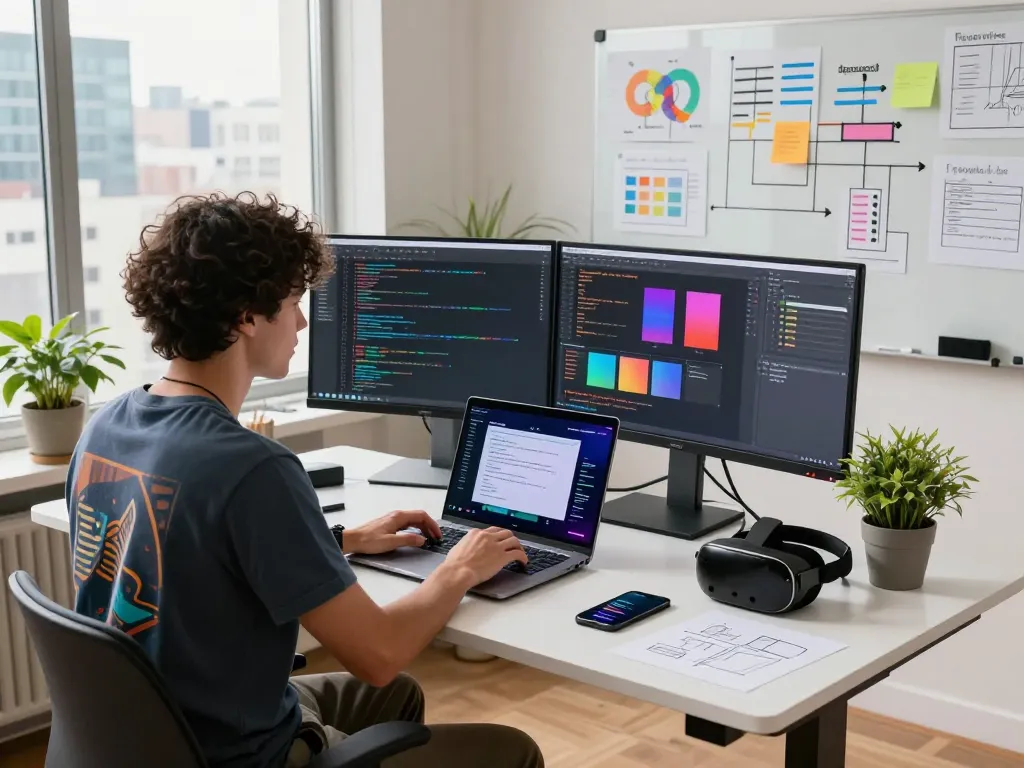 Developer using image to prompt tool in a sleek modern workspace with vibrant code on screens.