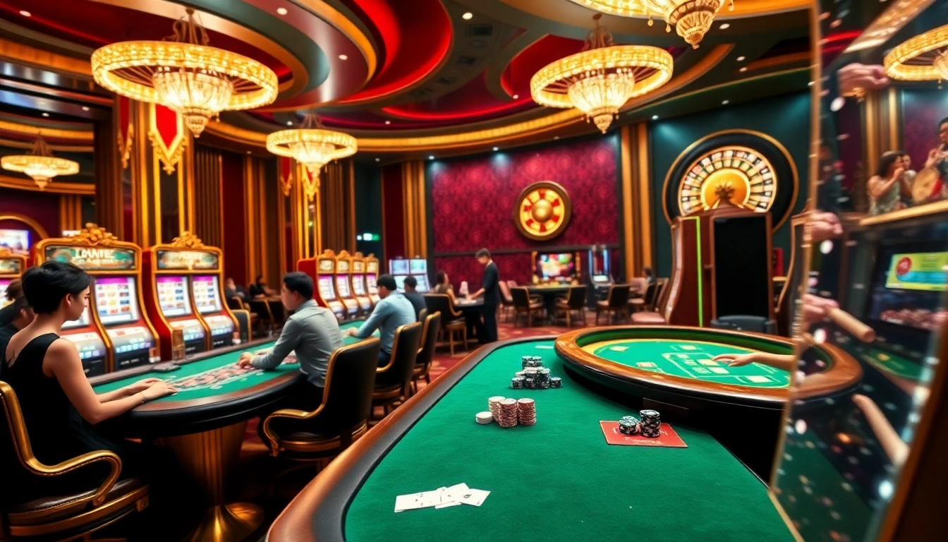 The excitement of a luxurious casino scene at https://fly88seo.com/ featuring live poker games and vibrant slot machines.
