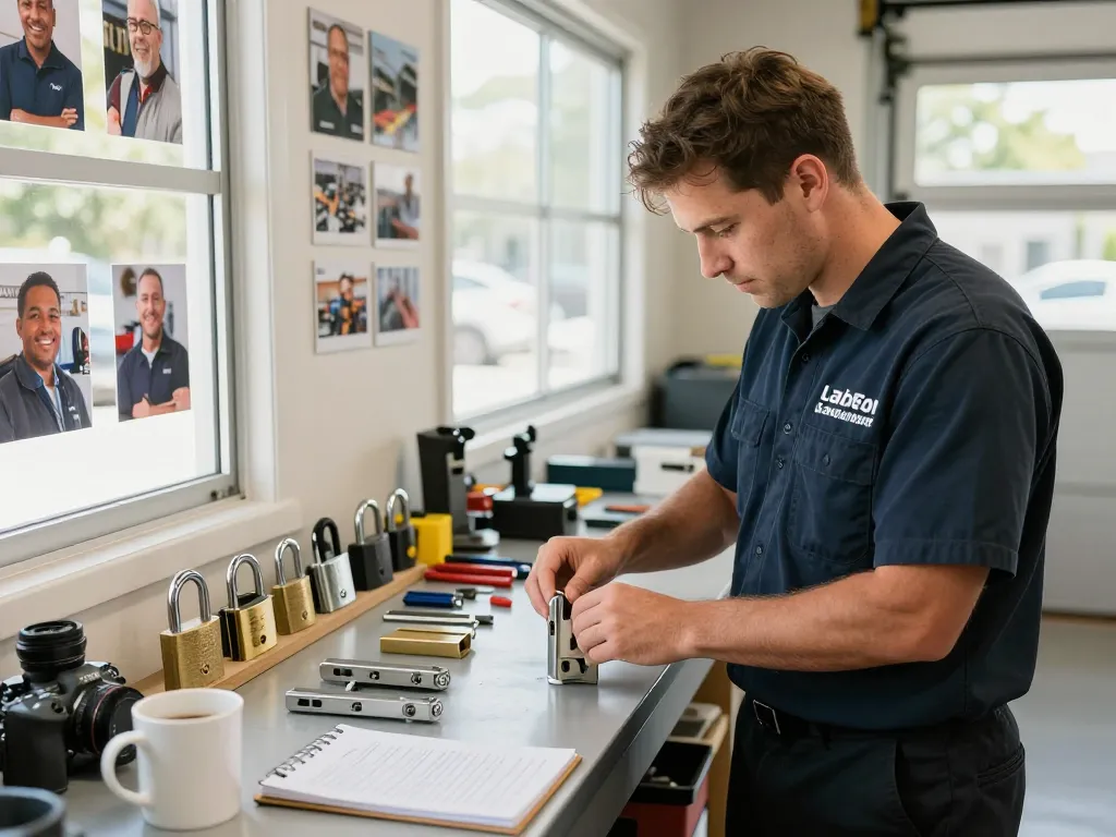 Locksmith in Hobe Sound assembling locks at a bright workshop with organized tools.
