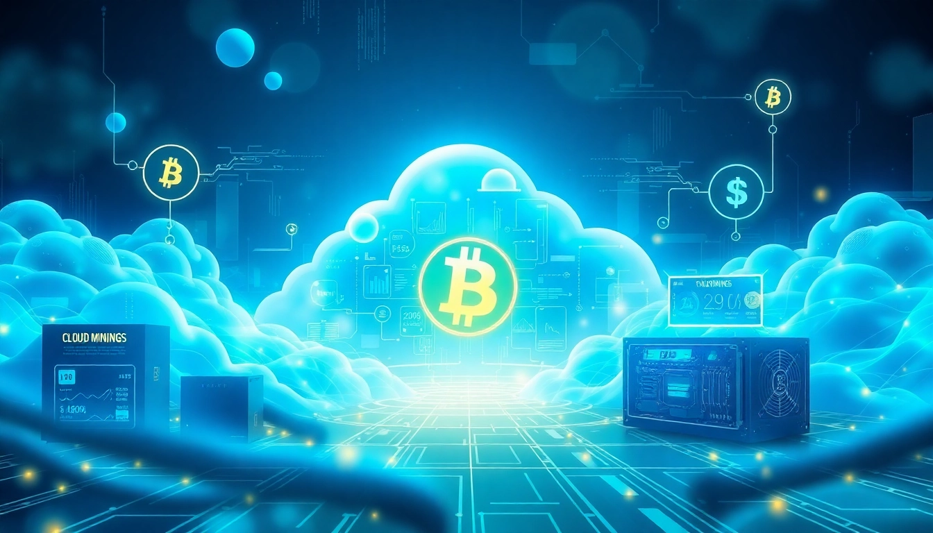 Visual representation of top cloud mining technology with digital currency symbols and modern mining rigs.
