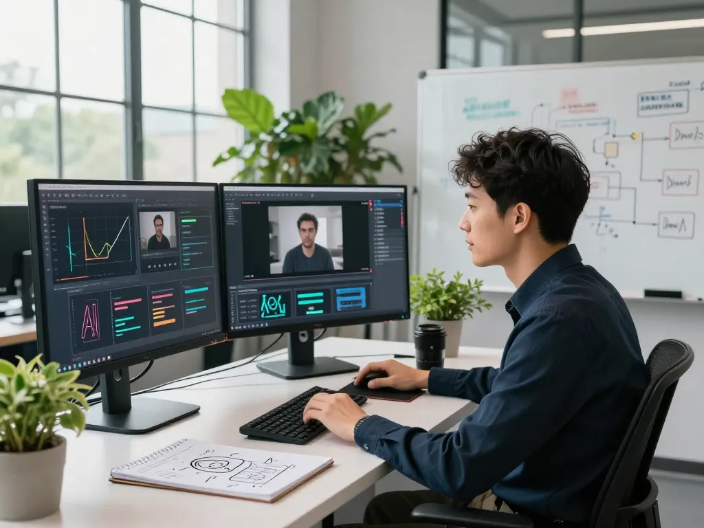 Video to prompt analysis in a high-tech workspace with AI visuals.