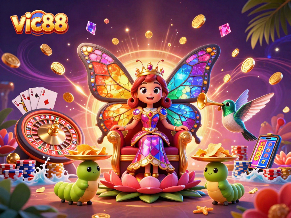 Experience the vibrant casino world of vic88 with a butterfly queen and riches cascading all around.