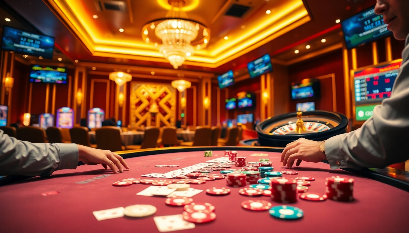 Exciting casino atmosphere at LC88 COM with poker chips and roulette wheel.
