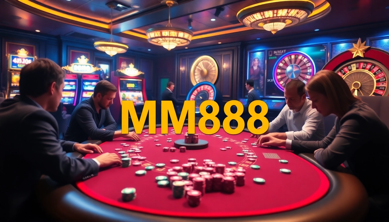 Engaged players at a lively MM88 poker table, surrounded by vibrant casino elements.