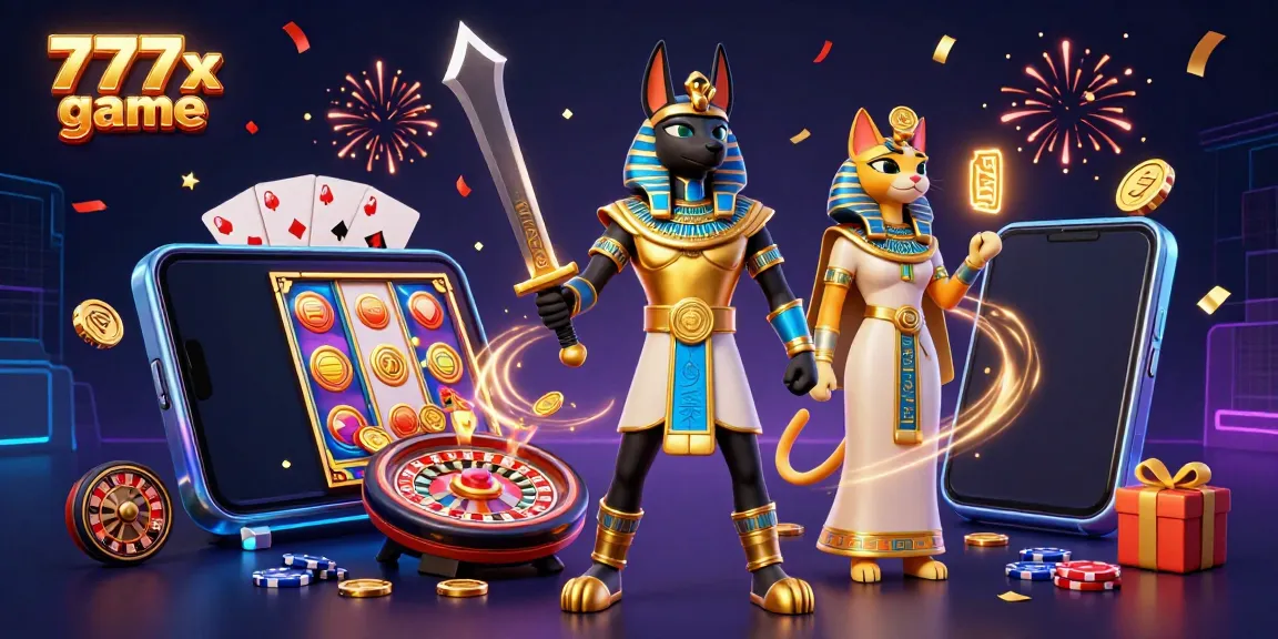 Experience the thrill of 777x game with Anubis and Bastet surrounded by vibrant casino elements.