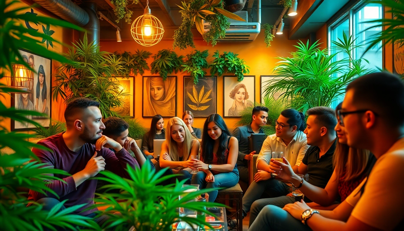 Membres du Green Guyz club cannabis madrid profitant d'une ambiance chaleureuse et relaxante avec des plantes.