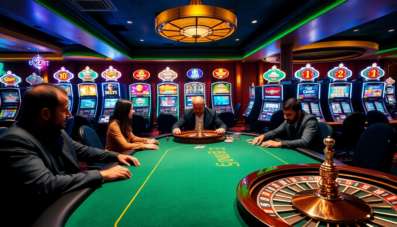 Exciting poker game at e2bet casino featuring players and vibrant slot machines.