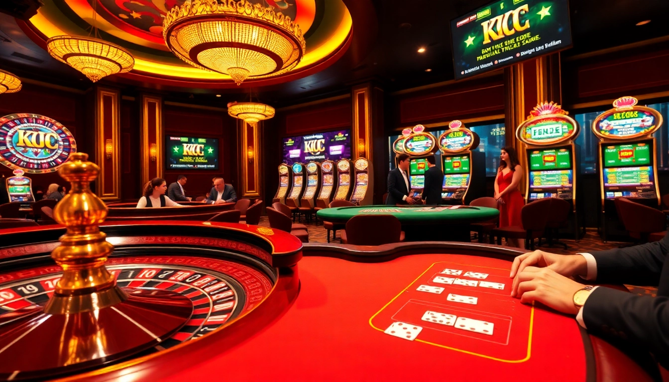 KJC logo displayed in a luxurious casino scene with vibrant gaming tables and guests enjoying their experience.