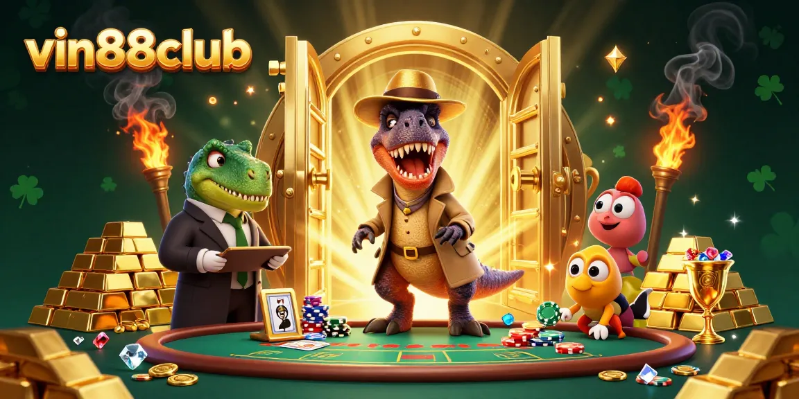Experience the thrills at vin88club with exciting gameplay featuring a stealthy velociraptor and a suspicious pit boss!