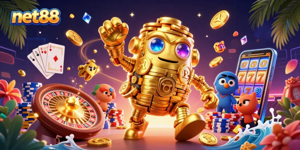Engage with net88's online casino treasures featuring golden golem, coins and vibrant gaming elements