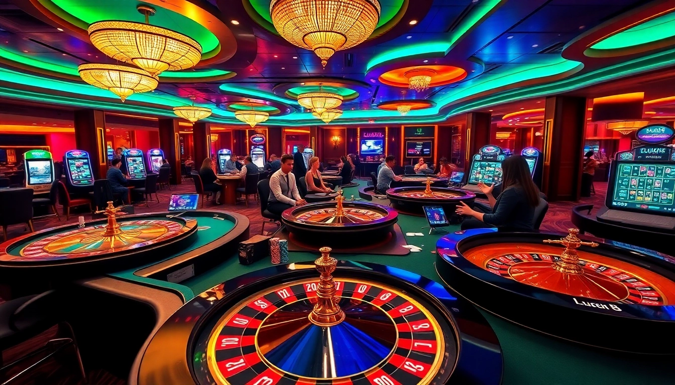 Cảnh sòng bạc đầy phấn khích tại LUCK8 với bàn chơi sống động, bài bạc và chip.
