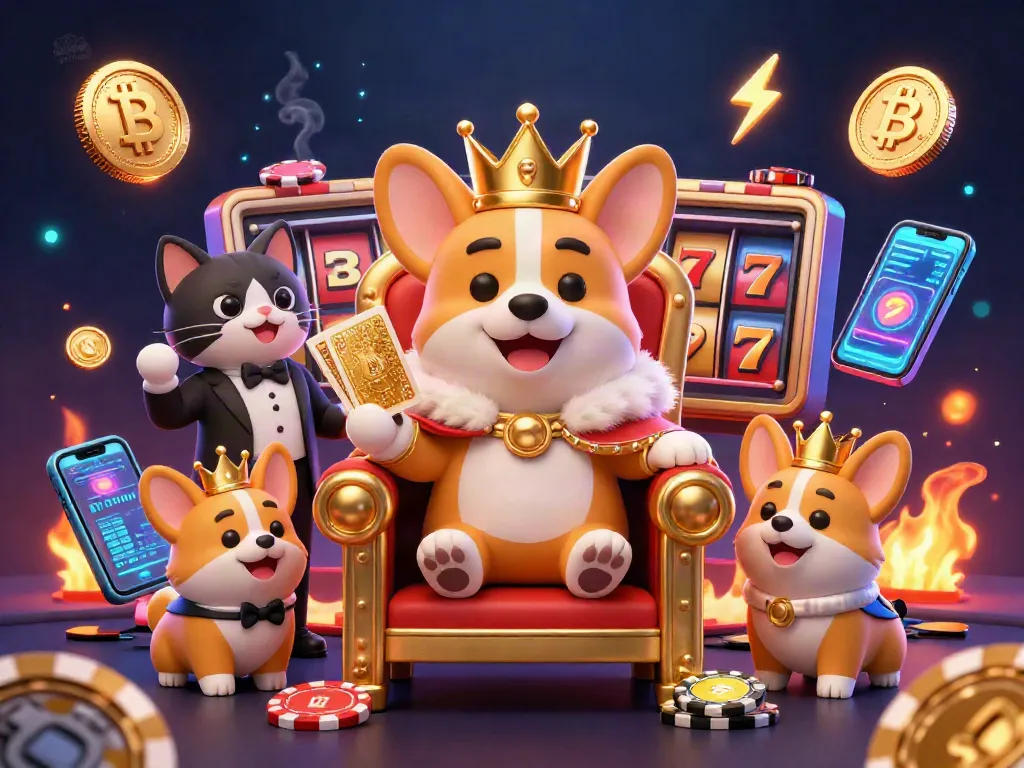 Engage with HITCLUB's vibrant casino scene featuring a royal corgi on poker chips, gold coins, and dynamic elements.