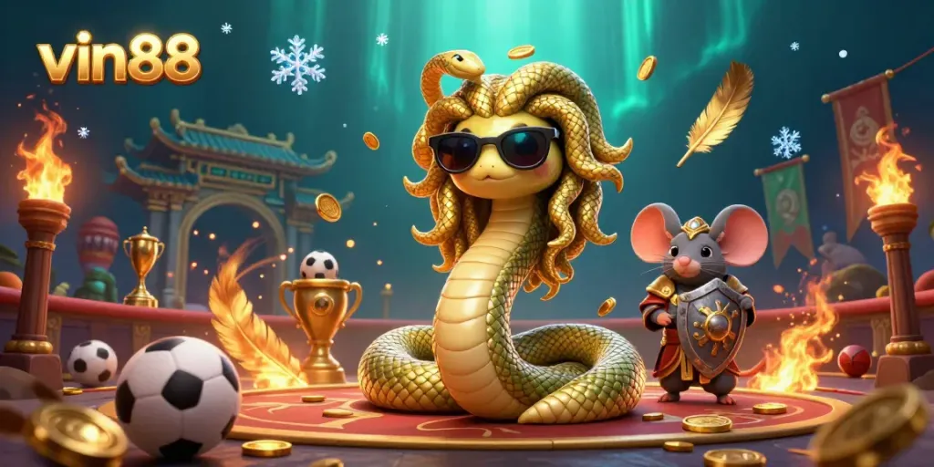 Engage with vin88's thrilling sports betting experience amid vibrant characters and dynamic casino elements.
