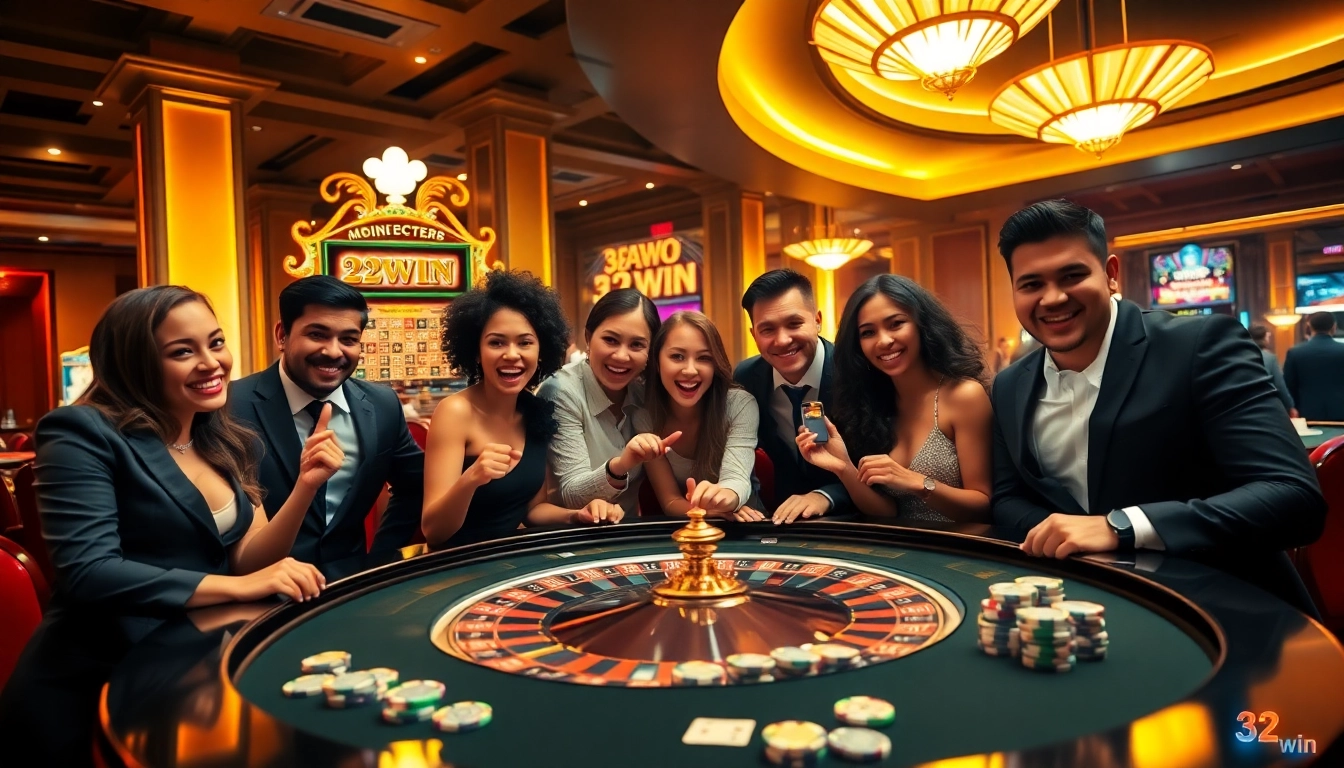 Players enjoying a thrilling moment at a roulette table in 32win casino.