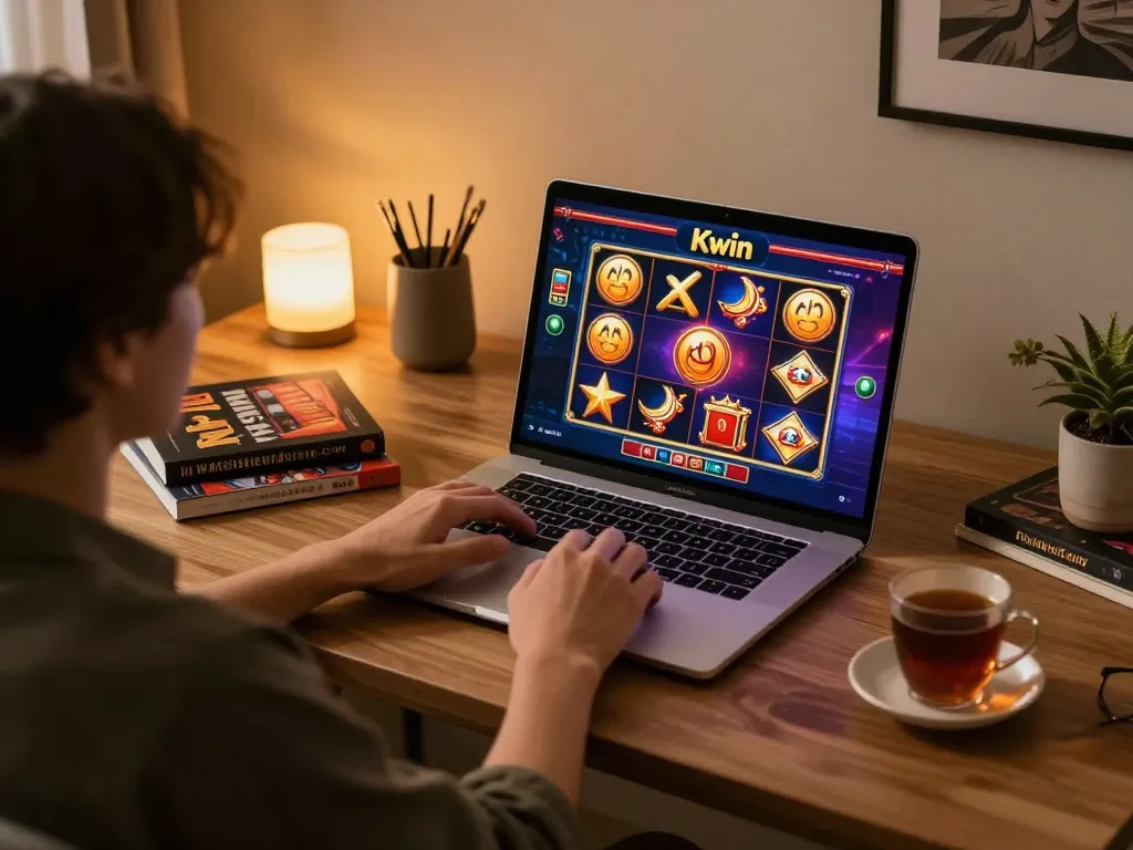 Engaging in Kwin online casino gaming with a laptop, showcasing vibrant slot machine graphics.